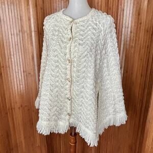 Vintage 60s 70s Arista Knitwear Off White Loop Knit Poncho Cardigan
